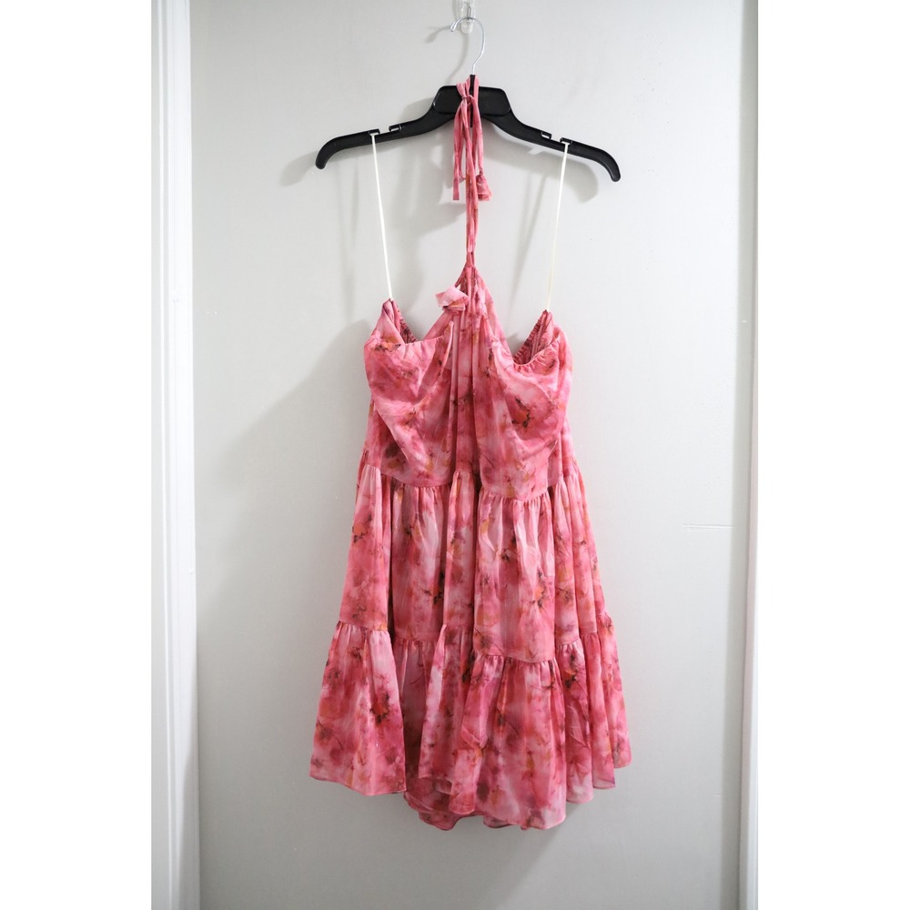 MISA Los Angeles Sastra Pink‎ Floral Halter Tiered Mini Dress, Party, Festival